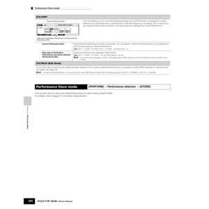 Page 220Reference  Performance Mode
Performance Store mode    
220Owner’s Manual
This function lets you store your edited Performance to User memory (Flash ROM).
For details, refer to page 91 in the Quick Guide section. 
[F3] COPY
From this display you can copy Part parameter settings from any Performance including the currently 
edited (but not yet stored) one to a particular Part of the Performance you are editing. This is useful if you 
are creating a Performance and wish to use some parameter settings from...