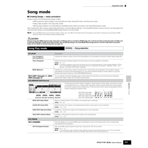 Page 221Reference  Song Mode
Song Play mode
221Owner’s Manual
Song mode
■ Creating Songs — basic procedure
Songs consist of the following three types of data: 
• MIDI sequence data (created in the Song Record mode, Song Edit mode, and Song Job mode)
• Setup data (created in the Song Play mode)
• Mixing data (created in the Song Mixing mode/Mixing Edit mode and stored in the Song Mixing Store mode)
After creating the data in these modes described above, store the Mixing settings in the Song Mixing Store mode to...