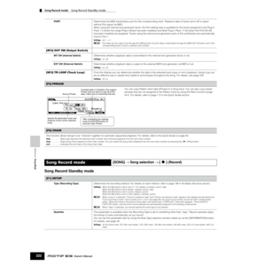 Page 222Reference  Song Mode
Song Record mode    Song Record Standby mode    
222Owner’s Manual
Song Record Standby mode
PORTDetermines the MIDI transmission port for the corresponding track. Playback data of tracks set to off is output 
without Port signal via MIDI. 
When using the internal tone generator block, the Port setting here is available for the tracks assigned to the Plug-in 
Parts 1-3 (when the single Plug-in Board has been installed) and Multi Plug-in Parts 17-32 (when the PLG100-XG 
has been...