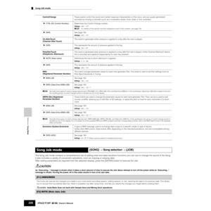 Page 226Reference  Song Mode
Song Job mode        
226Owner’s Manual
The Song Job mode contains a comprehensive set of editing tools and data transform functions you can use to change the sound of the Song. 
It also includes a variety of convenient operations, such as copying or erasing data. 
After setting parameters as required from the selected display, press the [ENTER] button to execute the Job. 
An “Executing...” message is shown when it takes a short amount of time to execute the Job. Never attempt to...