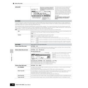 Page 242Reference  Pattern Mode
Pattern Play mode        
242Owner’s Manual
[SF5] COPYThe User phrases that can be assigned with 
the Patch function are limited to the ones 
contained in the currently selected Pattern. 
This function lets you copy phrases in another 
Pattern to the selected one. Press the [SF5] 
button to call up the display shown at left. After 
setting the parameters as needed, press the 
[ENTER] button to copy the phrase data.
The copy operation overwrites any data 
previously existing in the...