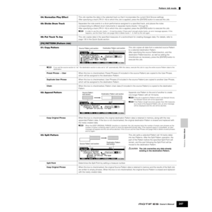 Page 247Reference  Pattern Mode
Pattern Job mode
247Owner’s Manual
04: Normalize Play EffectThis Job rewrites the data in the selected track so that it incorporates the current Grid Groove settings.
After specifying a track (TR 01-16) to which this Job is applied, press the [ENTER] button to execute this Job. 
05: Divide Drum TrackSeparates the note events in a drum performance assigned to a speciﬁed track, and places the notes
corresponding to different drum instruments in separate tracks (tracks 1 through 8)....