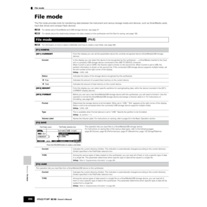 Page 266Reference  File Mode
File mode        
266Owner’s Manual
File mode
The File mode provides tools for transferring data between the instrument and various storage media and devices, such as SmartMedia cards, 
hard disk drives and compact ﬂash devices.
nFor details about SmartMedia and USB storage devices, see page 27. 
nFor details about the relationship between the data created on this synthesizer and the ﬁles for saving, see page 186. 
nFor information on how to select a ﬁle/folder and how to create a...