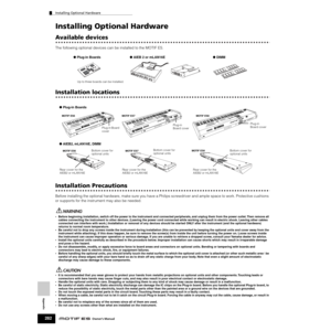 Page 282Installing Optional Hardware
282Owner’s Manual
Appendix
Installing Optional Hardware
Available devices 
The following optional devices can be installed to the MOTIF ES.
Installation locations
Installation Precautions
Before installing the optional hardware, make sure you have a Philips screwdriver and ample space to work. Protective cushions 
or supports for the instrument may also be needed.
•Before beginning installation, switch off the power to the instrument and connected peripherals, and unplug them...