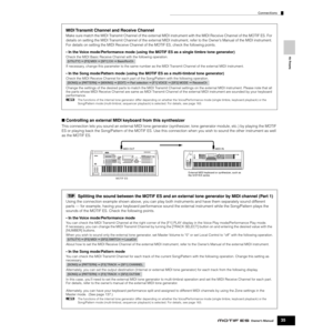 Page 35Setting Up
Connections
35Owner’s Manual
■ Controlling an external MIDI keyboard from this synthesizer
This connection lets you sound an external MIDI tone generator (synthesizer, tone generator module, etc.) by playing the MOTIF 
ES or playing back the Song/Pattern of the MOTIF ES. Use this connection when you wish to sound the other instrument as well 
as the MOTIF ES. 
MIDI Transmit Channel and Receive Channel
Make sure match the MIDI Transmit Channel of the external MIDI instrument with the MIDI...