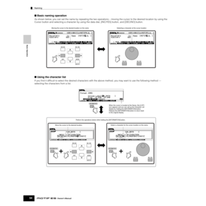 Page 54Basic Operation
Naming
54Owner’s Manual
■ Basic naming operation
As shown below, you can set the name by repeating the two operations – moving the cursor to the desired location by using the 
Cursor button and selecting a character by using the data dial, [INC/YES] button, and [DEC/NO] button. 
■ Using the character list
If you ﬁnd it difﬁcult to select the desired characters with the above method, you may want to use the following method — 
selecting the characters from a list.
EXIT ENTER
EXECUTE
DEC/NO...