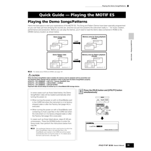 Page 55Playing the Demo Songs/Patterns
55Owner’s Manual
Quick Guide — Playing the MOTIF ES
 
Playing the Demo Songs/Patterns
Here’s the best place to start your explorations of the MOTIF ES. The Song and Pattern Demos have been specially programmed 
so you can hear just how amazing the sounds are, and ﬁnd out just how powerful the instrument really is — for music creation, 
performance and production. Before you can play the Demos, you’ll need to load the Demo data (contained in ROM) to the 
DRAM memory...