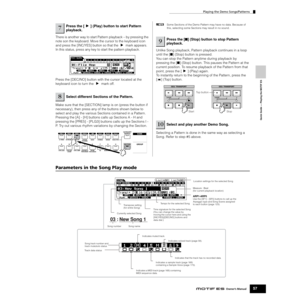 Page 57Quick Guide — Playing the MOTIF ES
Playing the Demo Songs/Patterns
57Owner’s Manual
There is another way to start Pattern playback – by pressing the 
note son the keyboard. Move the cursor to the keyboard icon 
and press the [INC/YES] button so that the F mark appears. 
In this status, press any key to start the pattern playback.
Press the [DEC/NO] button with the cursor located at the 
keyboard icon to turn the F mark off. 
Make sure that the [SECTION] lamp is on (press the button if 
necessary), then...