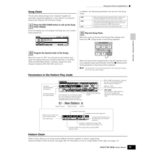Page 59Playing the Demo Songs/Patterns
59Owner’s Manual
Quick Guide — Playing the MOTIF ES
Song Chain
This function allows Songs to be “chained” together for 
automatic sequential playback. In this section, try using the 
Song Chain features with the Demo Songs.
From this display you can program and play your own custom 
Song sequences.
Move the cursor to “001” by using the cursor buttons and 
select the desired Song by using the Data Dial, or the [INC/
YES] and [DEC/NO] buttons. Likewise, assign the other...