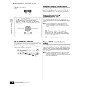 Page 68Quick Guide — Playing the MOTIF ES
Playing the Keyboard (in the Performance Play mode)
68Owner’s Manual
Using the [INC/YES], [DEC/NO] buttons and data dial
Rather than using the BANK/NUMBER buttons 
described in steps #2 and 3 above, you can select a 
Performance by using the [INC/YES], [DEC/NO] buttons 
and data dial. 
Performance Part mute/solo
Each performance can contain a maximum of four Parts, each 
of which can be turned on or off independently. 
Muting and soloing of Parts is done in the same way...