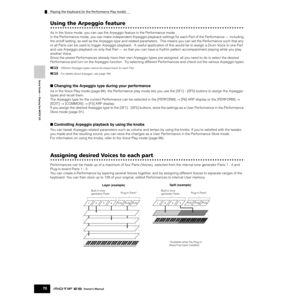 Page 70Playing the Keyboard (in the Performance Play mode)
70Owner’s Manual
Quick Guide — Playing the MOTIF ES
Using the Arpeggio feature
As in the Voice mode, you can use the Arpeggio feature in the Performance mode. 
In the Performance mode, you can make independent Arpeggio playback settings for each Part of the Performance — including 
the on/off setting, as well as the Arpeggio type and related parameters.  This means you can set the Performance such that any 
or all Parts can be used to trigger Arpeggio...