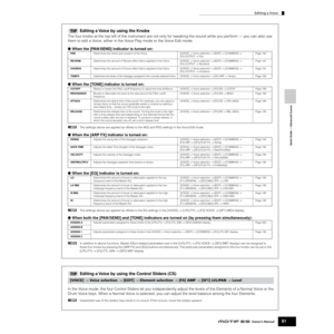 Page 81Editing a Voice
81Owner’s Manual
Quick Guide — Advanced Course
Editing a Voice by using the Knobs
The four knobs at the top left of the instrument are not only for tweaking the sound while you perform — you can also use 
them to edit a Voice, either in the Voice Play mode or the Voice Edit mode.
●When the [PAN/SEND] indicator is turned on: 
●When the [TONE] indicator is turned on: 
nThe settings above are applied as offsets to the AEG and FEG settings in the Voice Edit mode.
●When the [ARP FX] indicator...