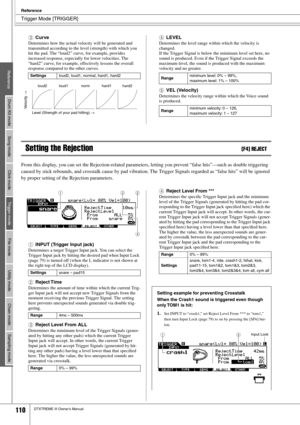 Page 110Trigger Mode [TRIGGER]
Reference
110DTXTREME III Owner’s Manual
ReferenceDrum Kit mode Song mode Click modeTrigger modeFile mode Utility mode Chain mode Sampling mode
CCurve
Determines how the actual velocity will be generated and 
transmitted according to the level (strength) with which you 
hit the pad. The “loud2” curve, for example, provides 
increased response, especially for lower velocities. The 
“hard2” curve, for example, effectively lessens the overall 
response compared to the other curves....