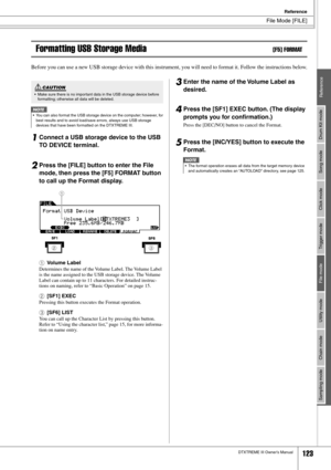 Page 123File Mode [FILE]
Reference
DTXTREME III Owner’s Manual123
Drum Kit mode
Reference Song mode Click mode Trigger mode File mode Utility mode Chain mode Sampling mode
Formatting USB Storage Media[F5] FORMAT
Before you can use a new USB storage device with this instrument, you will need to format it. Follow the instructions below.
1Connect a USB storage device to the USB 
TO DEVICE terminal. 
2Press the [FILE] button to enter the File 
mode, then press the [F5] FORMAT button 
to call up the Format display....