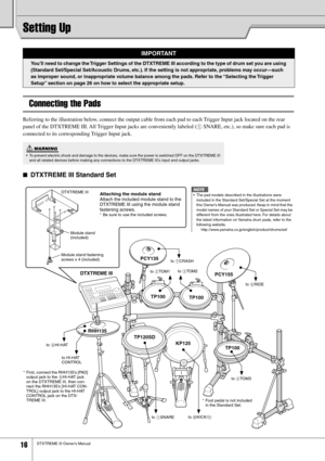 Page 16 16 
DTXTREME III Owner’s Manual Setting Up 
Connecting the Pads 
Referring to the illustration below, connect the output cable from each pad to each Trigger Input jack located on the rear 
panel of the DTXTREME III. All Trigger Input jacks are conveniently labeled (
 
1
 
 SNARE, etc.), so make sure each pad is 
connected to its corresponding Trigger Input jack. 
■  DTXTREME III Standard Set  IMPORTANT 
You’ll need to change the Trigger Settings of the DTXTREME III according to the type of drum set you...
