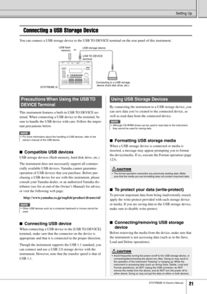 Page 21 Setting Up 
DTXTREME III Owner’s Manual 21 Connecting a USB Storage Device 
You can connect a USB storage device to the USB TO DEVICE terminal on the rear panel of this instrument. 
This instrument features a built-in USB TO DEVICE ter-
minal. When connecting a USB device to the terminal, be 
sure to handle the USB device with care. Follow the impor-
tant precautions below.  
■  Compatible USB devices 
USB storage devices (ﬂash memory, hard disk drive, etc.)
The instrument does not necessarily support...