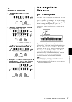 Page 27CP4 STAGE/CP40 STAGE Owner’s Manual27
Quick Start Guide
Practicing with the 
Metronome
[METRONOME] button
Your stage piano has its own built-in metronome. You can 
turn it on using the [METRONOME] button in order to 
practice playing in time. In addition, this function can also 
be used when recording your  playing as audio (page 35). 
When you press the [METRONOME] button, the 
metronome will start playing at the set tempo and time 
signature. In addition, the butt on’s light will also flash at 
this...