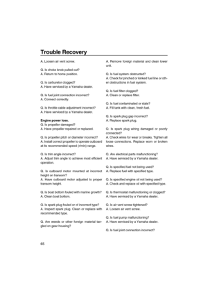 Page 70Trouble Recovery
65
A. Loosen air vent screw.
Q. Is choke knob pulled out?
A. Return to home position.
Q. Is carburetor clogged?
A. Have serviced by a Yamaha dealer.
Q. Is fuel joint connection incorrect?
A. Connect correctly.
Q. Is throttle cable adjustment incorrect?
A. Have serviced by a Yamaha dealer.
Engine power loss.
Q. Is propeller damaged?
A. Have propeller repaired or replaced.
Q. Is propeller pitch or diameter incorrect?
A. Install correct propeller to operate outboard
at its recommended speed...