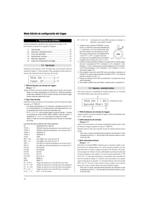 Page 12612
1.  Parámetros de ENTRADA
Contiene parámetros específicos para cada uno de los pads (1-10).
Esta función se divide en las siguientes 6 páginas.
1-1. Tipo de pad ............................................................... 12
1-2. Ganancia, velocidad mínima ..................................... 12
1-3. Curva de velocidad .................................................... 13
1-4. Autorechazo, rechazo ................................................ 13
1-5. Rechazo específico...