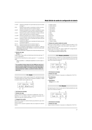 Page 13117
Modo Edición de sonido de configuración de batería
crashCEntrada de interruptor de copa del plato para jack de entrada
de trigger 7.
openEntrada de pad (cuando el controlador de charles no está to-
talmente cerrado) para jack de entrada de trigger 8.
openREntrada de interruptor de aro (cuando el controlador de charles
no está totalmente cerrado) para jack de entrada de trigger 8.
closeEntrada de pad (cuando el controlador de charles está total-
mente cerrado) para jack de entrada de trigger 8....