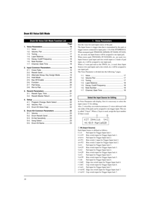 Page 1616
Drum Kit Voice Edit Mode
Drum Kit Voice Edit Mode Function List
Page
1. Voice Parameters .................................................... 16
1-1. Voice ................................................................ 17
1-2. Volume, Pan .................................................... 17
1-3. Tuning .............................................................. 17
1-4. Layer Balance .................................................. 18
1-5. Decay, Cutoff Frequency...