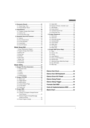 Page 1553
SOMMARIO
3. Parametro Reverb ...................................... 21
3-1. Reverb Type, Time ........................................ 21
3-2. Reverb Master Return .................................  21
4. Impostazione .............................................. 22
4-1. Program Change, Bank Select ..................... 22
4-2. Volume,  Pan .................................................. 22
4-3. Drum Kit Voice Copy ..................................... 22
5. Parametri Drum Kit Common...