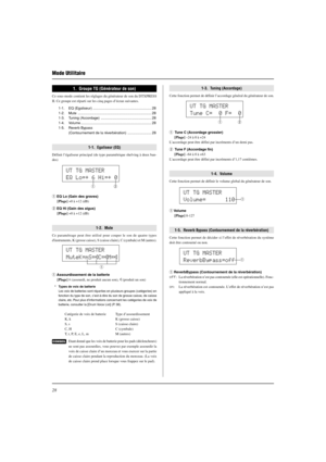 Page 6628
Mode Utilitaire
1.  Groupe TG (Générateur de son)
Ce sous-mode contient les réglages du générateur de son du DTXPRESS
II. Ce groupe est réparti sur les cinq pages d’écran suivantes.
1-1. EQ (Egaliseur) ........................................................... 28
1-2. Mute .......................................................................... 28
1-3. Tuning (Accordage) ................................................... 28
1-4. Volume...