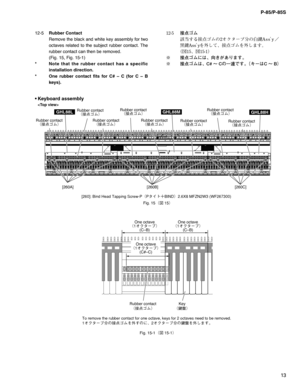 Page 1313 P-85/P-85S
One octave
¢¦«»”Ò£
(C–B)One octave
¢¦«»”Ò£
(C–B)
One octave
¢¦«»”Ò£
(C#–C)
Rubber contact
¢
€:°Ü£Key
¢d
k£
[260A] Rubber contact
¢
€:°Ü£
[260B] [260C]
Rubber contact
¢
€:°Ü£
Rubber contact
¢
€:°Ü£
Rubber contact
¢
€:°Ü£
Rubber contact
¢
€:°Ü£Rubber contact
¢
€:°Ü£
Rubber contact
¢
€:°Ü£Rubber contact
¢
€:°Ü£
GHL88HGHL88MGHL88L
• Keyboard  assembly

Fig. 15
¢
$ £ 

Fig. 15-1
¢
$ £...