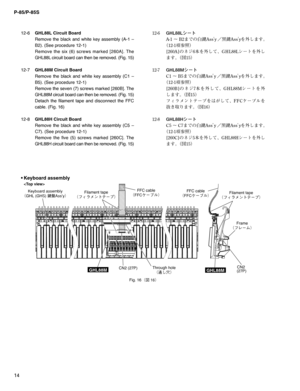 Page 14P-85/P-85S
14
GHL88M
FFC cable
¢$­”Òç£
Frame
¢Ñè”Ü£
FFC cable
¢$­”Òç£Filament tape
¢ÑŸåÝïÄÂ”Ó£,FZCPBSEBTTFNCMZ
¢()-	()4
d
kTTZ£
CN2 (27P)GHL88MCN2
(27P) Through hole
¢è`@£
Filament tape
¢ÑŸåÝïÄÂ”Ó£
 assembly

Fig. 16
¢
$ £
12-6 GHL88L Circuit Board 
  Remove the black and white key assembly (A-1 – 
B2). (See procedure 12-1)
  Remove the six (6) screws marked [260A]. The 
GHL88L circuit board can then be removed. (Fig. 15)
12-7 GHL88M Circuit...