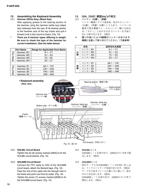 Page 16P-85/P-85S
16
Frame
¢d
kÑè”Ü£Hammer, white key
¢ËïÚ”¢
(d££
Hammer, black key
¢ËïÚ”¢d££ Hammer axis
¢ËïÚ”à£Bottom side¢ØÄÜ£
Pull forward¢	
²t¾X£
Bearing section¢à	!Z
æ£
Apply grease
¢¬æµC
Í£
Fig. 19
¢
$ £
• Keyboard  assembly

13.  Assembling the Keyboard Assembly
13-1 Hammer (White Key), (Black Key)
  After applying grease to the bearing section of 
the hammer, bring the hammer (white key) (black 
key) sideways from the rear, ﬁ t its bearing...