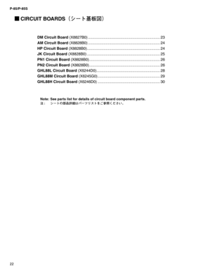 Page 22P-85/P-85S
22
 CIRCUIT BOARDS¢³”Ä,
X
$£
DM Circuit Board (X8827B0) .................................................................... 23
AM Circuit Board (X8828B0) .................................................................... 24
HP Circuit Board (X8828B0) ..................................................................... 24
JK Circuit Board (X8828B0) ..................................................................... 25
PN1 Circuit Board (X8828B0)...