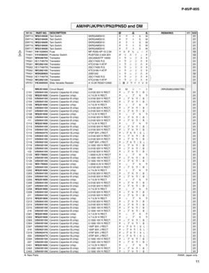 Page 6211 P-85/P-85S
AM/HP/JK/PN1/PN2/PNSD and DM
SW713WG318400Tact Switch SKRGAMD010
»«Ä(,01
SW714WG318400Tact Switch SKRGAMD010
»«Ä(,01
SW715WG318400Tact Switch SKRGAMD010
»«Ä(,01
SW716WG318400Tact Switch SKRGAMD010
»«Ä(,01
SW717WG318400Tact Switch SKRGAMD010
»«Ä(,01
TH401V8132900Fuse MF-R250-AP-10 2.5A
Úç½Îá”¶03
TH401VV458000Protector Switch RUEF250 2.50A 30V
Ùæµ ¿½03
TR201WH336700Transistor 2SC2062STP 10000
Äåï´µ»01
TR301IC174070Transistor 2SC1740S R,S...