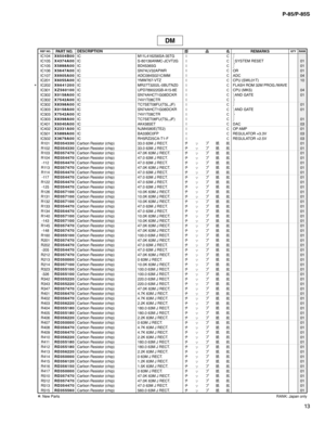 Page 6413 P-85/P-85S
DM
IC104X6504B00IC M11L416256SA-35TG

IC105X4374A00IC S-80136ANMC-JCVT2G
  SYSTEM RESET 01
IC105X5888A00IC BD45365G
01
IC106X5647A00IC SN74LV32APWR
OR 01
IC107X6905A00IC ADC084S021CIMM
ADC 04
IC201X6055A00IC YMW767-VTZ
CPU (SWL01T) 10
*IC202X6641200IC MR27T3202L-0BUTNZ0
FLASH ROM 32M PROG./WAVE
IC301XZ560100IC UPD789022GB-A15-8E
CPU (MKS) 04
IC302X0158A00IC SN74AHCT1G08DCKR
  AND GATE 01
IC302X7542A00IC 74V1T08CTR

IC302X8398A00IC TC7SET08FU(T5L,JF)...