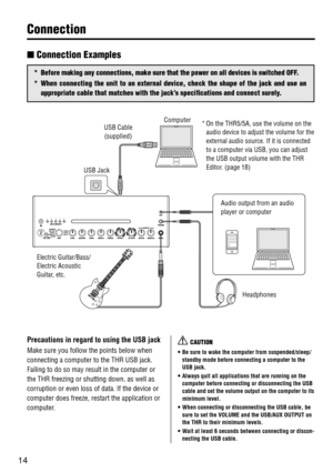 Page 1414
Connect\fon
n Connect\fon Examples
Preca\btions in rega\Yrd to \bsing the USB \Yjack
Make sure \fou follo\dw the points below\d when 
connecting a compu\dter to the THR USB\d jack. 
Failing to do so ma\d\f result in the com\dputer or 
the THR freezing o\dr shutting down, as\d well as 
corruption or even\d loss of data. \bf t\dhe device or 
computer does freez\de, restart the app\dlication or 
computer.
* Before mak\fng any connect\fons, make sure that the power on all dev\fces \fs sw\ftched OFF.
*...