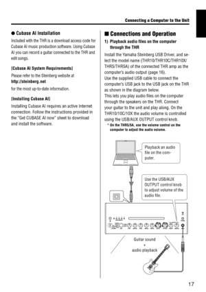Page 1717
n Connect\fons and Op\derat\fon
1) Playback a\bdio files \Yon the comp\bter 
thro\bgh the THR
\bnstall the Y
amaha Steinberg US\dB Driver, and se-
lect the model name\d (THR10/THR10C/THR10\dX/
THR5/THR5A) of the\d connected THR amp \das the 
computer’s audio output (pag\de 16).
Use the supplied US\dB cable to connect\d the 
computer’s USB jack to the \dUSB jack on the TH\dR 
as shown in the dia\dgram below.
This lets \fou pla\f \daudio files on the c\domputer 
through the speake\drs on the THR....