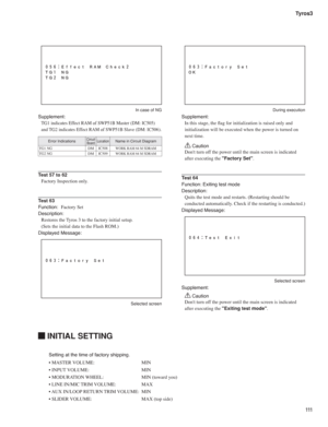 Page 111111 Tyros3
 INITIAL SETTING
  In case of NG
Supplement:
TG1 indicates Effect RAM of SWP51B Master (DM: IC505) 
and TG2 indicates Effect RAM of SWP51B Slave (DM: IC506).
Test 57 to 62
Factory Inspection only.
Test 63
Function: Factory Set
Description:
Restores the Tyros 3 to the factory initial setup. 
(Sets the initial data to the Flash ROM.)
Displayed Message:
 Selected screen
During execution
Supplement:
In this stage, the ﬂ ag for initialization is raised only and 
initialization will be executed when...