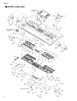 Page 149Tyros3
4
 UPPER CASE UNIT
S05
S05
S05
S07
S07
S07
S05
UC1
UC8
UC2
UC1
UC3
UC3
UC8
UC9
UC5
UC7
UC7
S05
S05
39a
39b
39c
S05
37a
S05
S05
S05
UC10
UC11
1
36 LCD unit:
See page 10.
Wheel assembly:
See page 14.
2
3
3738
38
4
5
49
43
42
S05
S05
S05
43
42
S05
43
42
S05
43
4248
47
6
1718
17
2833
29
41
35
S05
41
S05
S05
34a
34b
41
34
S05
UC9
S05
UC9
41
30
31
3240
44
44
72121
46
S05
S05
45
45
46
11
820
10
10
619
1415
1617
9
101221
35
399
910
15
9
10
13
21
21
21
21
21
21
21
50
22
24
25
26
23
21
ENC assembly 