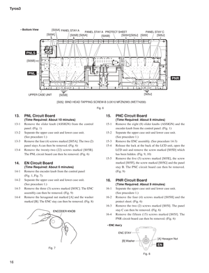 Page 16Tyros3
16
ENCODER KNOB 
13.   PNL Circuit Board 
  (Time Required: About 10 minutes) 
13-1  Remove the slider knob (ASSIGN) from the control 
panel. (Fig. 1)
13-2  Separate the upper case unit and lower case unit. 
  (See procedure 1.)
13-3 Remove the four (4) screws marked [S05A]. The two (2) 
panel stays A can then be removed. (Fig. 6)
13-4 Remove the twenty-two (22) screws marked [S05B]. 
The PNL circuit board can then be removed. (Fig. 6)
14.   EN Circuit Board 
  (Time Required: About 6 minutes)...