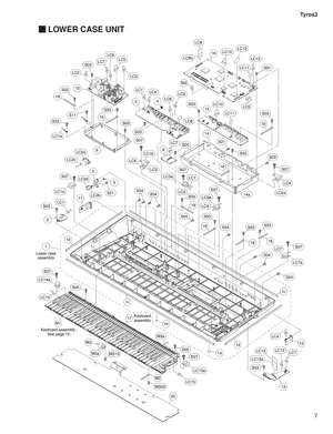 Page 152Tyros3
7
 LOWER CASE UNIT
12
13
1a
17
M3
M1
Keyboard assembly :
See page 12. Lower case
assembly
Keyboard
assembly
20
1d
1d
2
1
3
9
10
6
19
19
11
8
5
4
1c
1c
14
M3
18
18
15
16
1b
S03LC1
S05
S05
S07
S07
S07
S07
M3a
M3a
S01
S03
S01
S03
S21
14a
S03
M2
18
S03
S03
LC7
LC5
S03
19
S0319
19
S03
S03
LC8
LC8
S03
S03
S03
LC1
LC2LC3
LC5LC7
LC6
LC5
LC4
LC4
LC6
LC7
LC7
LC9
LC4
S03
S04
S02
S04
LC7
S04
MS03
MS13
LC1a
LC2c
LC10
LC10
LC11
LC12LC13
LC15
LC14
LC14
LC14a
LC15a
LC13a
LC11
LC8aLC12
LC13
LC4a
S07
S07
LC6
LC3...