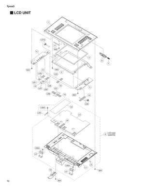 Page 155Tyros3
10
 LCD UNIT
1
3
12
1312
12
135
9
L1
L4
L3
L2
L6
L5
10
6
7
2
11
14
4
S03
S03
LD1
LD7LD1
LD9
LD3
LD6
LD8
LD2
S03
S04
L3
LD4
S04
S03
LS03
LS03
LS03
LCD lower
assembly
LD10
LD5 