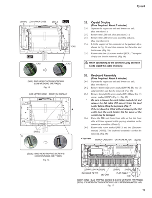 Page 1919 Tyros3
LOWER CASE UNIT
DATA LINE FILTERMK  UNIT
• Top View
[S07A][S05P][S05P]
[18]
[S05P][S05P]
DATA LINE FILTER
FLAT CABLE[S07A]
[S03J]
CN2LCD UPPER CASELCL
LCR
[S03K]
CN2CN2
JH [S03]:  BIND HEAD TAPPING SCREW-B 
  3.0X8 MFZN2W3 (WE774301)
[S03L]A
A
LCD UPPER CASECRYSTAL DISPLAY
JH [S03L]:  BIND HEAD TAPPING SCREW-B 
  3.0X8 MFZN2W3 (WE774301)
25.   Crystal Display 
  (Time Required: About 7 minutes) 
25-1   Separate the upper case unit and lower case unit. 
  (See procedure 1.)
25-2  Remove...