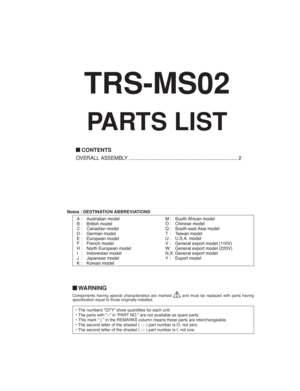 Page 200 WARNING
Components having special characteristics are marked  and must be replaced with parts having 
speciﬁ cation equal to those originally installed.
• The numbers “QTY” show quantities for each unit.
• The parts with “--” in “PART NO.” are not available as spare parts.
• This mark “ } ” in the REMARKS column means these parts are interchangeable.
• The second letter of the shaded ( 
 ) part number is O, not zero.
• The second letter of the shaded ( 
 ) part number is I, not one.
Notes : DESTINATION...