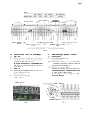 Page 2121 Tyros3
KEY STOPPER L KEY STOPPER H KEY STOPPER 61
REMOVE SCREW[240A] X 2, [240B] X 1 [240B] X 1, [240C] X 2 [240D] X 2
Table 1
KEY STOPPER LKEY STOPPER H
KEY STOPPER 61
[240A][240B][240C]
[240C][240D][240D]
RUBBER CONTACT 13 KEY
(C1-C2)RUBBER CONTACT 12 KEY B
(C3-C4)RUBBER CONTACT 12 KEY D
(C5-C6)
RUBBER CONTACT 12 KEY A
(C2-C3)RUBBER CONTACT 12 KEY C
(C4-C5)
C1 C2 C3 C4 C5 C6
MK61LMKH-D
EMKS-FD
C#2C#3C#4C#5
RUBBER CONTACT
CONTACT (LONG)CONTACT (SHORT)
RUBBER CONTACT
28.   Installing Keys (White and...