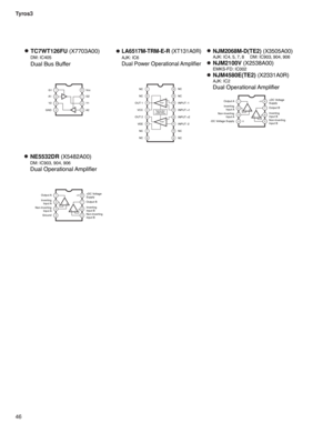 Page 46Tyros3
46
TC7WT126FU(X7703A00)
DM: IC405
Dual Bus Buffer
1
2
3
48
7
6
5
G1
GNDA1
Y2Vcc
A2 G2
Y1
LA6517M-TRM-E-R(XT131A0R)
AJK: IC6
Dual Power Operational Amplifier
1
2
3
4
5
6
7
8
16
15
14
13
12
11
10
9
Thermal Shut
Doun and
Current LimiterAmp1
Amp2
NC
NC
OUT 1
VCC
OUT 2
VEE
NC
NC
NC NC
INPUT -2 INPUT +2 INPUT +1 INPUT -1 NC NC
NJM2068M-D(TE2) (X3505A00)AJK: IC4, 5, 7, 8  DM: IC903, 904, 906
NJM2100V(X2538A00)EMKS-FD: IC002
NJM4580E(TE2)(X2331A0R)AJK: IC2
Dual Operational Amplifier
1
2
3
4-V8
7
6
5...