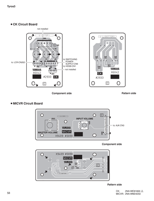 Page 5858 Tyros3
 CK Circuit Board
Component sidePattern side
Pattern side
Component side
 MICVR Circuit Board
CK: 2NA-WE81600
 2
MICVR: 2NA-WM24250
to LCR-CN202not installed
not installed
to SWITCHING
 POWER
 SUPPLY-CN6
to HDSB-CN1
to AJK-CN3
MASTER VOLUMEINPUT VOLUME 