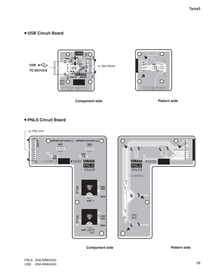 Page 5959 Tyros3
 USB Circuit Board
Component sidePattern side
 PNLS Circuit Board
Component sidePattern side
USB
TO DEVUCEto DM-CN204
to PNL-CN1
UPPER OCTAVE [–] UPPER OCTAVE [+]
ART. 1
ART. 2
PNLS: 2NA-WM24250
USB: 2NA-WM24240 