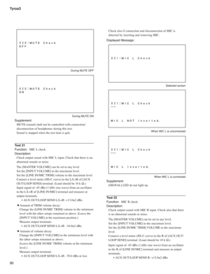 Page 90Tyros3
90
  During MUTE OFF
  During MUTE ON
Supplement:
MUTE (sound) shall not be controlled with connection/
disconnection of headphones during this test.
Sound is stopped when the test item is quit.
Test 21
Function:  MIC L check
Description:
Check output sound with MIC L input. Check that there is no 
abnormal sounds or noise.
The [MASTER VOLUME] can be set to any level.
Set the [INPUT VOLUME] to the maximum level.
Set the [LINE IN/MIC TRIM] volume to the maximum level
Connect a level meter (JIS-C...
