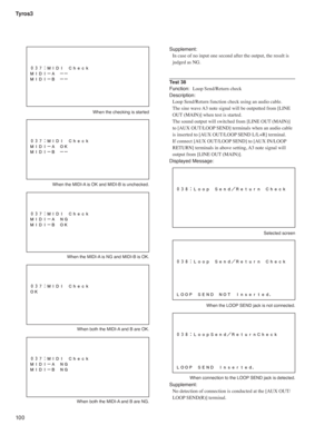 Page 100Tyros3
10 0
  When the checking is started
  When the MIDI-A is OK and MIDI-B is unchecked.
  When the MIDI-A is NG and MIDI-B is OK.
  When both the MIDI-A and B are OK.
  When both the MIDI-A and B are NG.
Supplement:
In case of no input one second after the output, the result is 
judged as NG.
Test 38
Function:  Loop Send/Return check
Description:
Loop Send/Return function check using an audio cable.
The sine wave A3 note signal will be outputted from [LINE 
OUT (MAIN)] when test is started.
The sound...