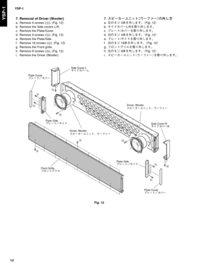 Page 12YSP-1
12
YSP-1
DD
E E
B B
CC CC
Side Cover L
± Å§Ì”-
Side Cover R
± Å§Ì”3
Plate Side
Óè”Ä—± Å Plate Side
Óè”Ä—± Å Plate Cover
Óè”Ä—§Ì”
Plate Cover
Óè”Ä—§Ì” Front Grille
ÑéïÄ¬æçDriver, Woofer

Driver, Woofer

7. Removal of Driver (Woofer)
a. Remove 4 screws (B). (Fig. 12)
b. Remove the Side covers L/R.
c. Remove the Plate/Cover.
d. Remove 4 screws (C). (Fig. 12)
e. Remove the Plate/Side.
f. Remove 18 screws (D). (Fig. 12)
g. Remove the Front grille.
h....