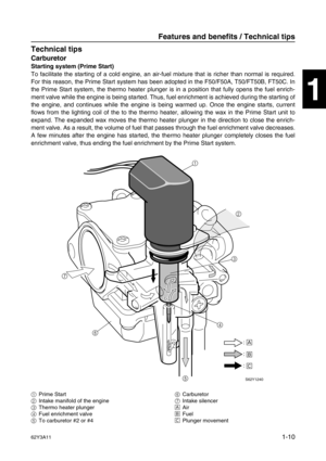 Page 1562Y3A111-10
1
2
3
4
5
6
7
8
I
Technical tips1
Carburetor
Starting system (Prime Start)
To facilitate the starting of a cold engine, an air-fuel mixture that is richer than normal is required.
For this reason, the Prime Start system has been adopted in the F50/F50A, T50/FT50B, FT50C. In
the Prime Start system, the thermo heater plunger is in a position that fully opens the fuel enrich-
ment valve while the engine is being started. Thus, fuel enrichment is achieved during the starting of
the engine, and...